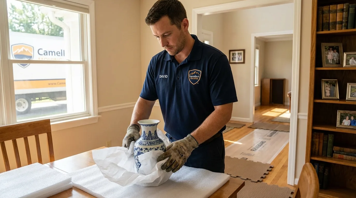 Professional crew carefully wrapping antique vase for senior downsizing move in Wentzville, MO