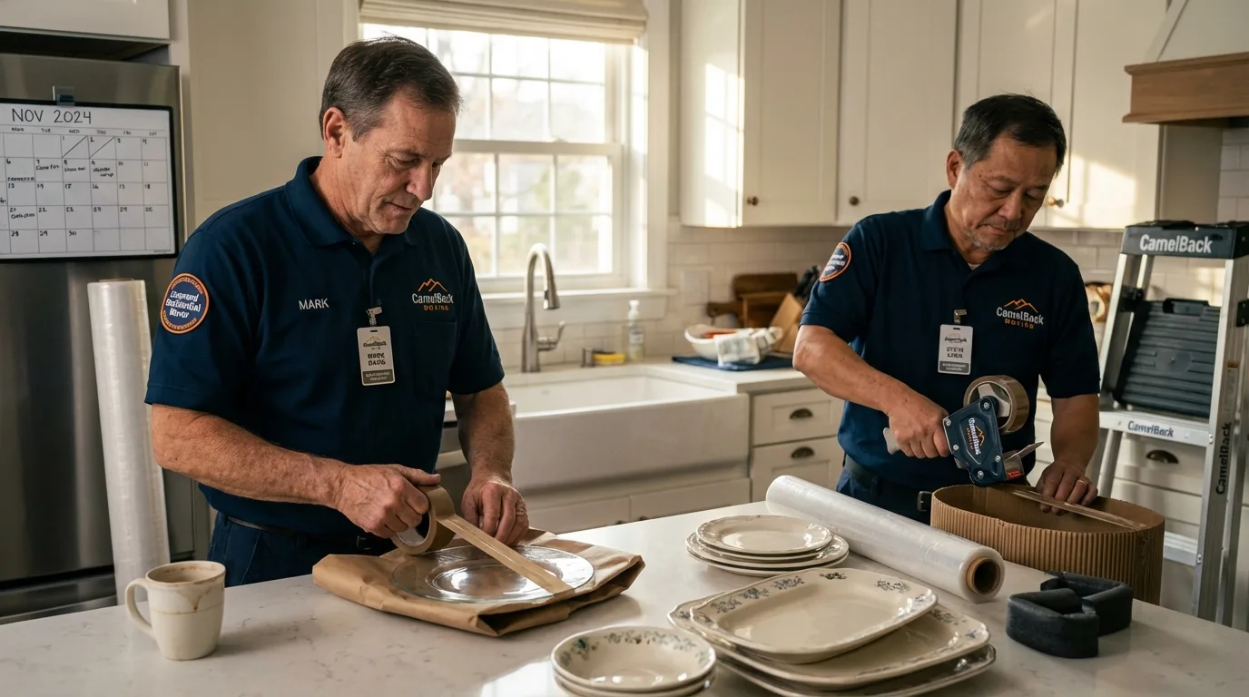 Professional crew packing kitchen dishware in Wentzville, MO
